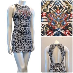 Black and White Backless Cut Out Halter Dress with Embroidery Bead Details